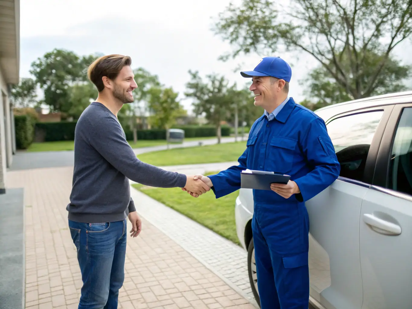 A customer smiling and shaking hands with a 303 detailz technician in front of a freshly detailed car, symbolizing satisfaction and trust in the service.